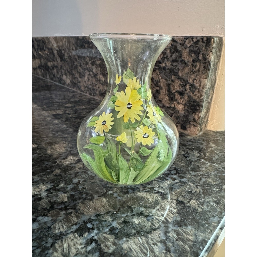 Glass Vase Hand Painted By CHRISTINA‎ SCHNEIDER - 2001 Cute Floral Daisy